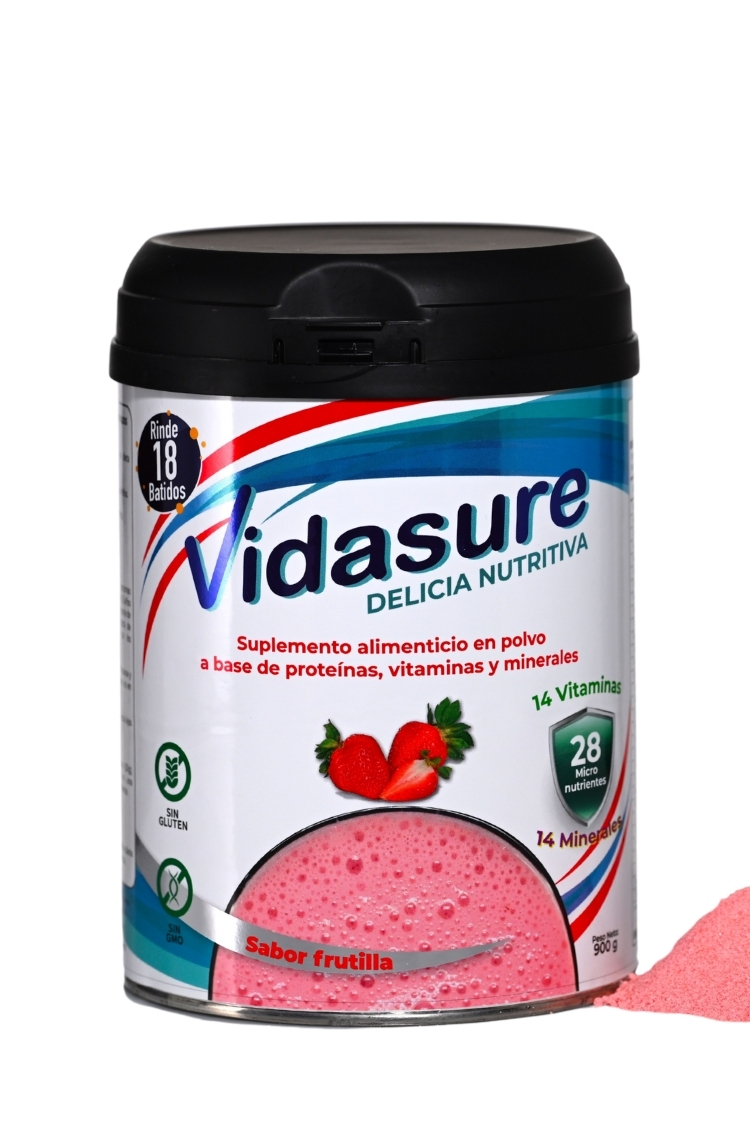 Suplemento alimenticio en polvo a base de proteínas, vitaminas y minerales. Contiene un total de 28 micronutrientes (14 vitaminas y 14 minerales).