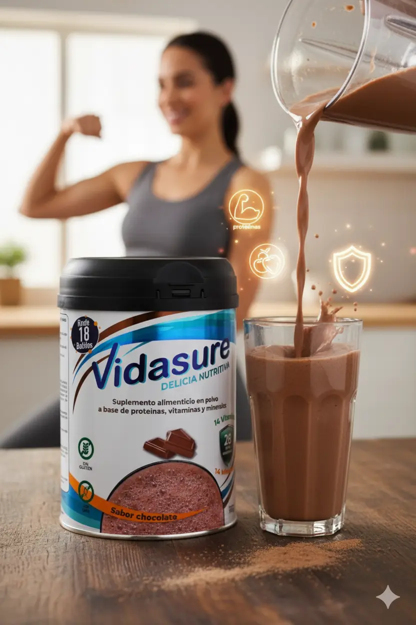 Suplemento alimenticio en polvo a base de proteínas, vitaminas y minerales. Contiene un total de 28 micronutrientes (14 vitaminas y 14 minerales).